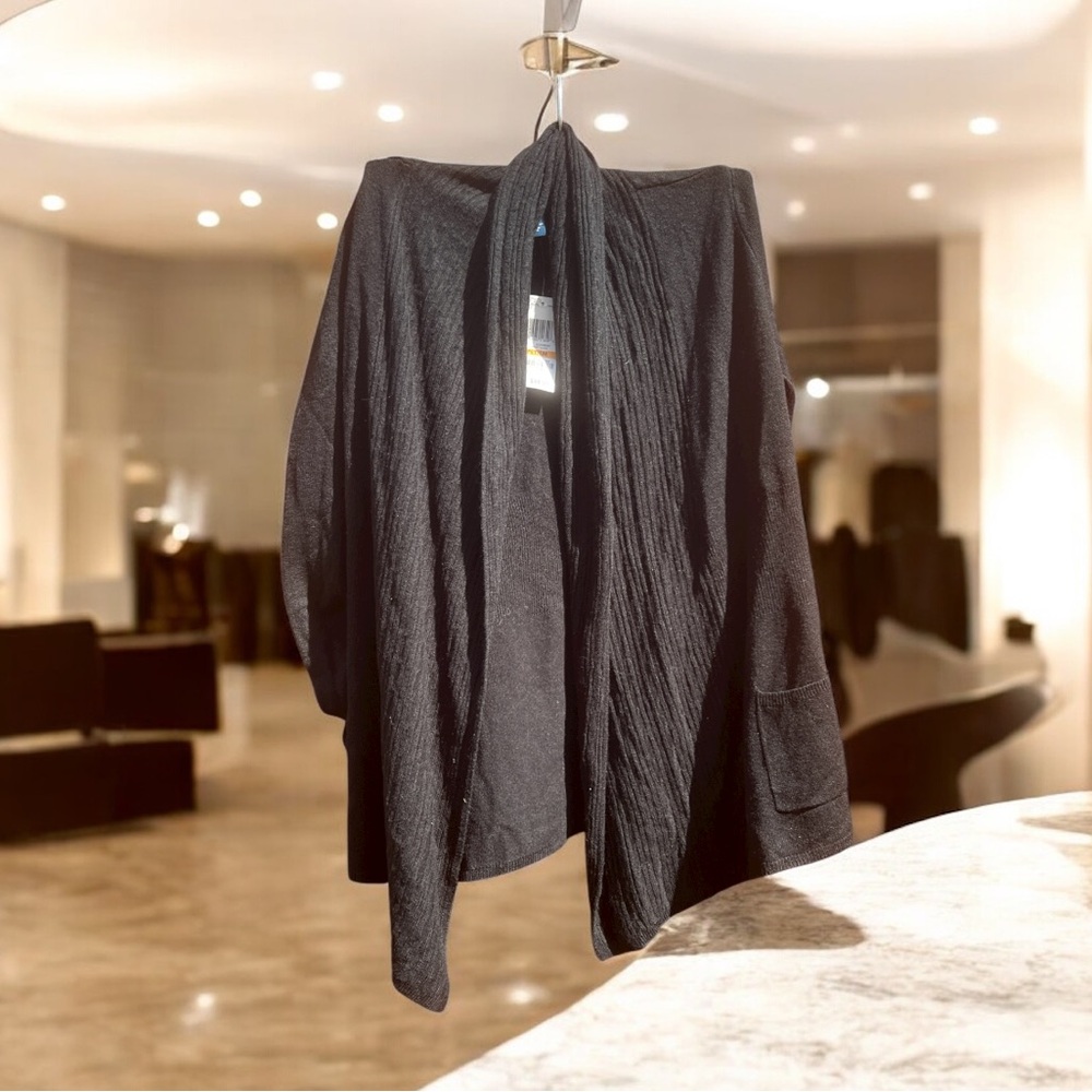 Karen Scott Petite Black Open Front Retro Cardigan Sweater Deadstock NWT NEW